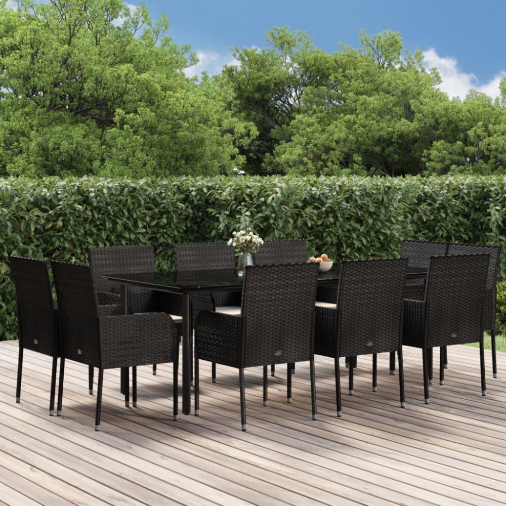 vidaXL 11 Piece Patio Dining Set with Cushions Black Poly Rattan