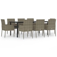 vidaXL 9 Piece Patio Dining Set with Cushions Black and Gray Poly Rattan