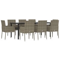 vidaXL 9 Piece Patio Dining Set with Cushions Black and Gray Poly Rattan