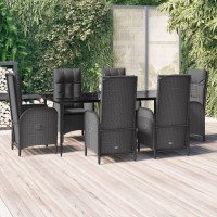 vidaXL 7 Piece Patio Dining Set with Cushions Black Poly Rattan