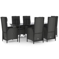 vidaXL 7 Piece Patio Dining Set with Cushions Black Poly Rattan