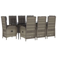 vidaXL 9 Piece Patio Dining Set with Cushions Black and Gray Poly Rattan