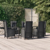 vidaXL 7 Piece Patio Dining Set with Cushions Black Poly Rattan