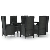 vidaXL 7 Piece Patio Dining Set with Cushions Black Poly Rattan