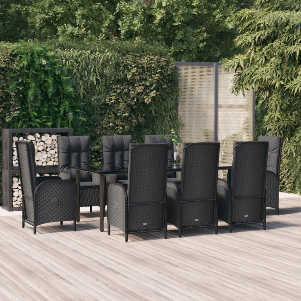 vidaXL 9 Piece Patio Dining Set with Cushions Black Poly Rattan