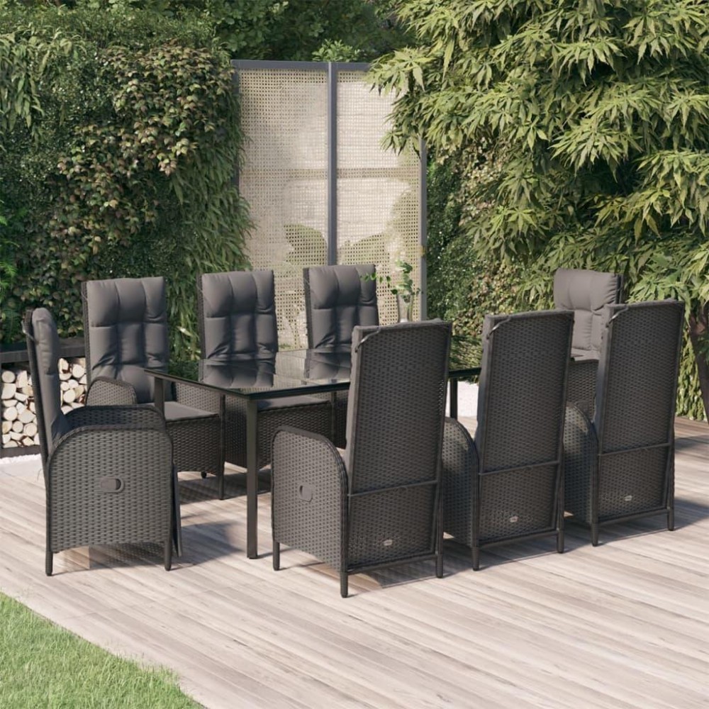 vidaXL 9 Piece Patio Dining Set with Cushions Black Poly Rattan