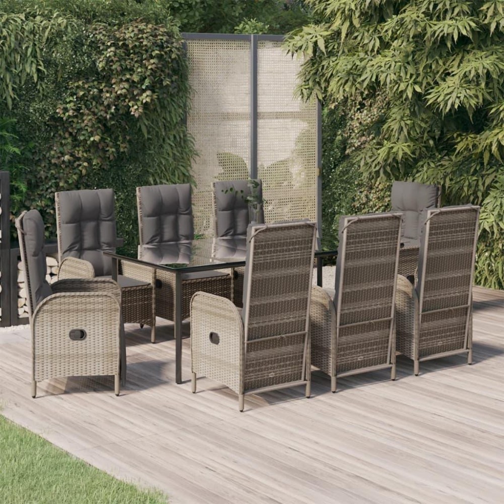 vidaXL 9 Piece Patio Dining Set with Cushions Black and Gray Poly Rattan