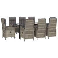 vidaXL 9 Piece Patio Dining Set with Cushions Black and Gray Poly Rattan