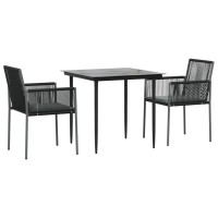 vidaXL 3 Piece Patio Dining Set with Cushions Black Poly Rattan and Steel