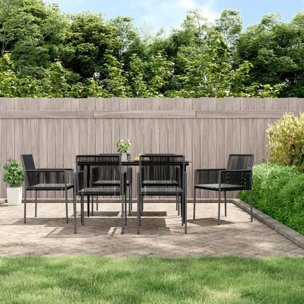 vidaXL 7 Piece Patio Dining Set with Cushions Black Poly Rattan and Steel