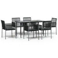 vidaXL 7 Piece Patio Dining Set with Cushions Black Poly Rattan and Steel