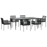 vidaXL 7 Piece Patio Dining Set with Cushions Black Poly Rattan and Steel