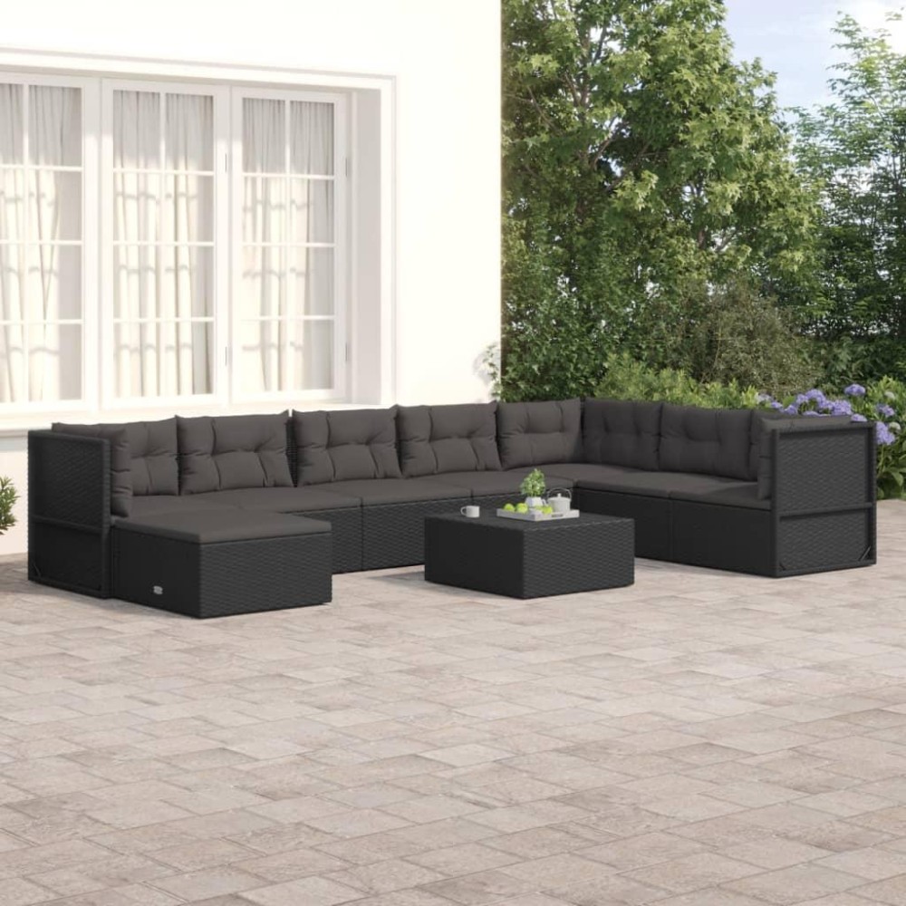 vidaXL 8 Piece Patio Lounge Set with Cushions Black Poly Rattan