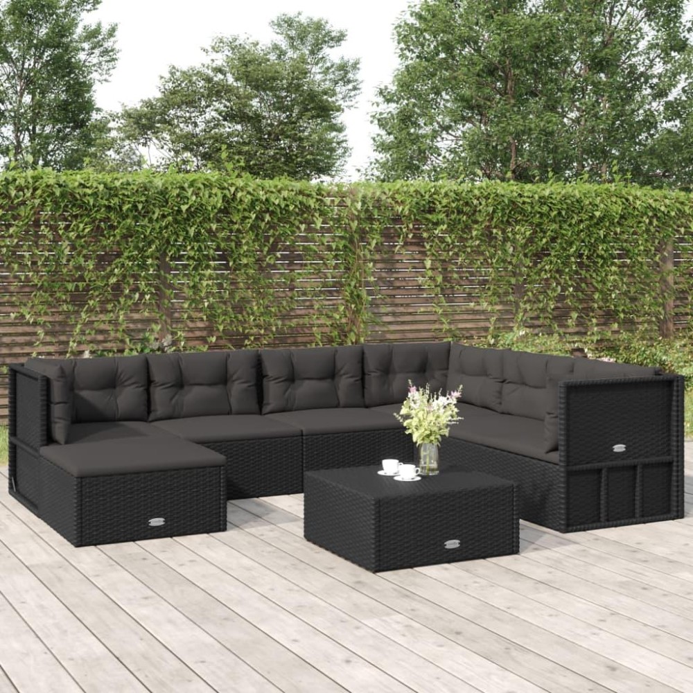 vidaXL 7 Piece Patio Lounge Set with Cushions Black Poly Rattan