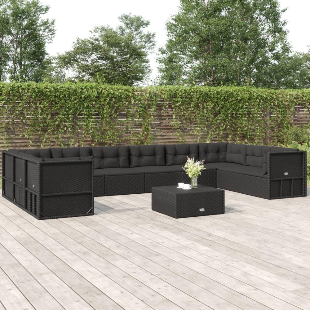 vidaXL 10 Piece Patio Lounge Set with Cushions Black Poly Rattan