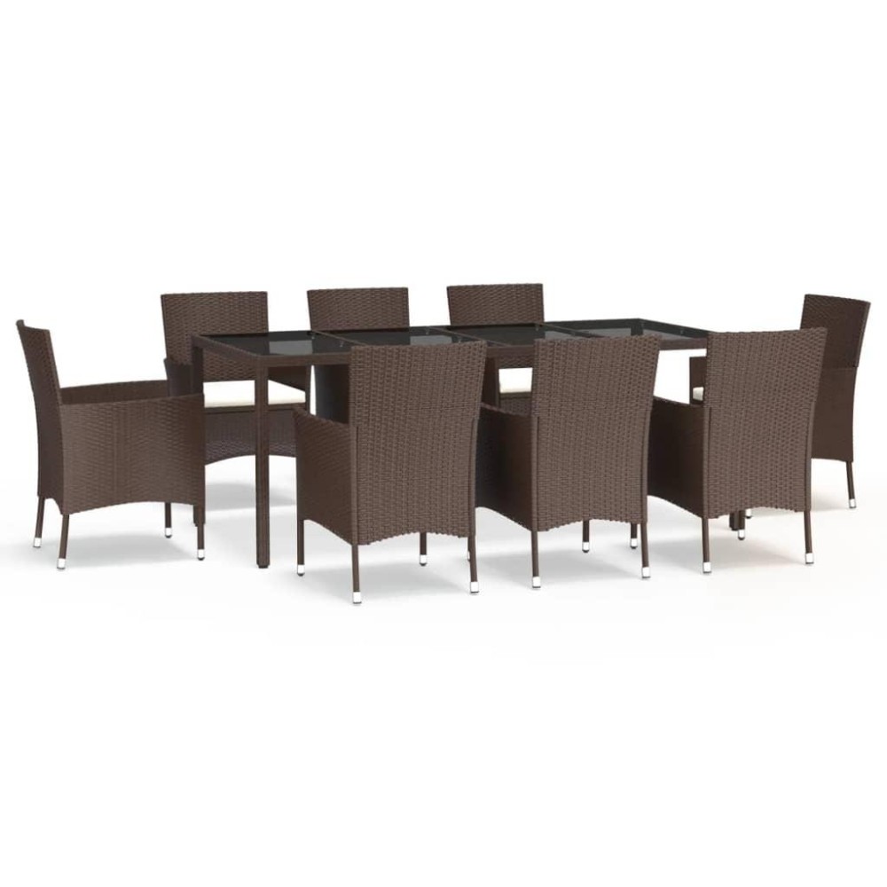 vidaXL 9 Piece Patio Dining Set with Cushions Brown Poly Rattan