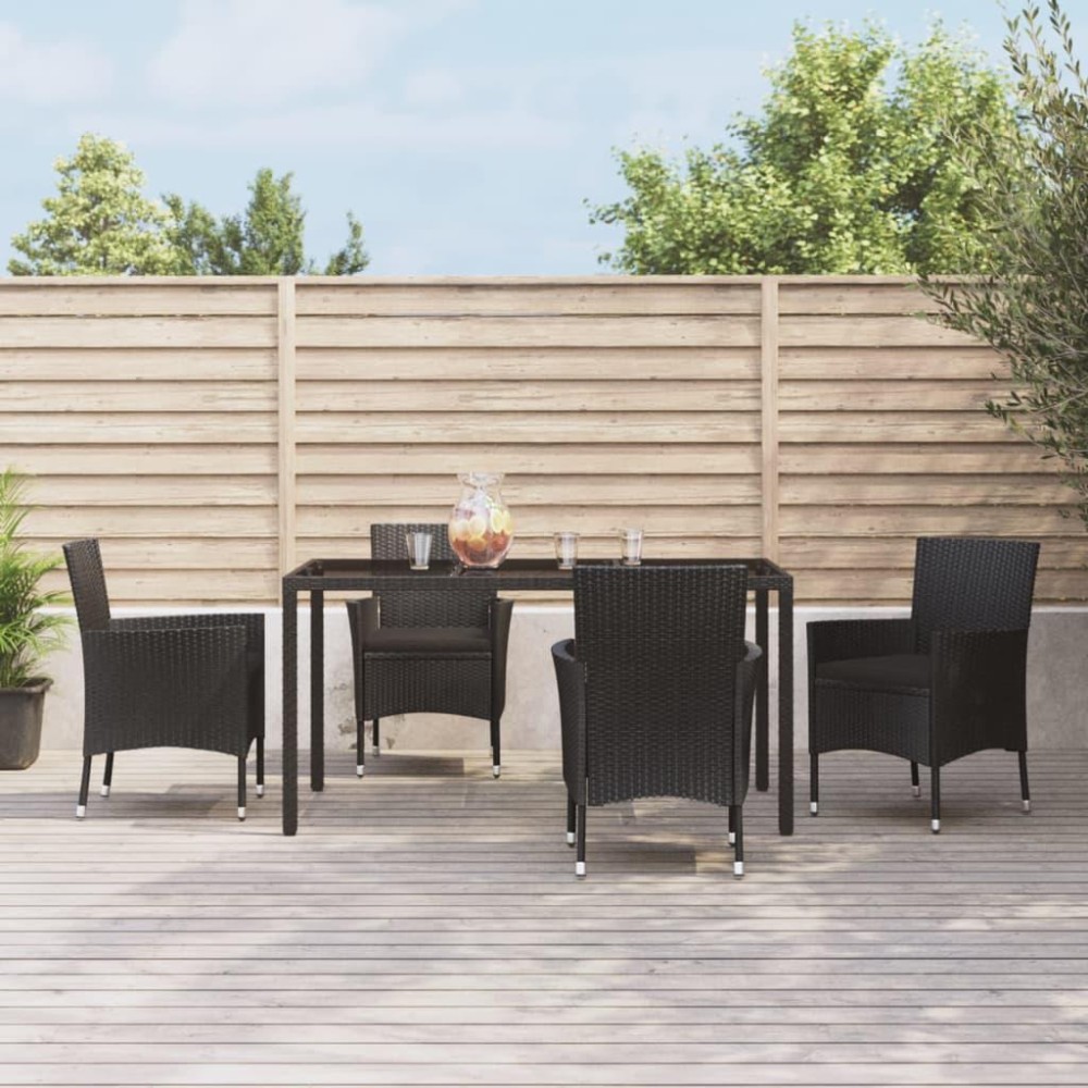 vidaXL 5 Piece Patio Dining Set with Cushions Black Poly Rattan