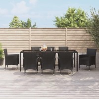 vidaXL 9 Piece Patio Dining Set with Cushions Black Poly Rattan