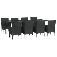 vidaXL 9 Piece Patio Dining Set with Cushions Black Poly Rattan