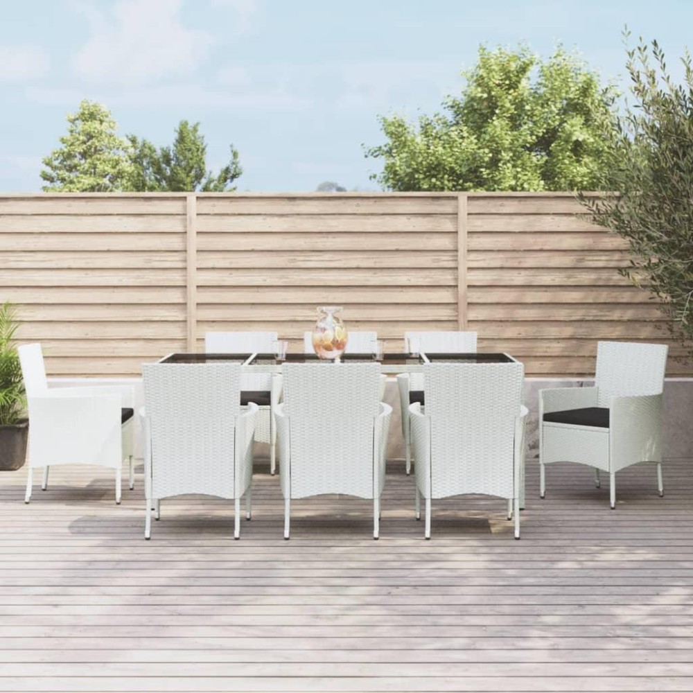 vidaXL 9 Piece Patio Dining Set with Cushions White Poly Rattan