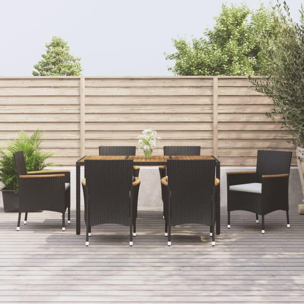 vidaXL 7 Piece Patio Dining Set with Cushions Black Poly Rattan