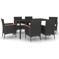 vidaXL 7 Piece Patio Dining Set with Cushions Black Poly Rattan