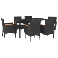 vidaXL 7 Piece Patio Dining Set with Cushions Black Poly Rattan