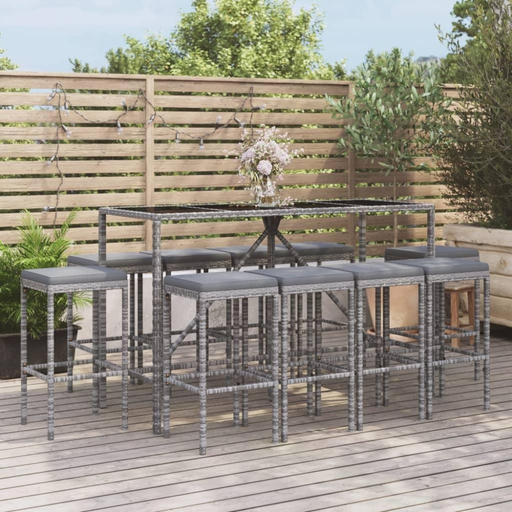 vidaXL 11 Piece Patio Bar Set with Cushions Gray Poly Rattan