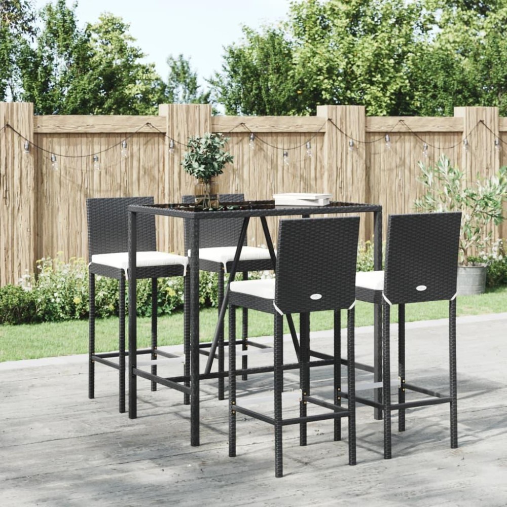 vidaXL 5 Piece Patio Bar Set with Cushions Black Poly Rattan