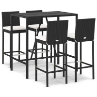 vidaXL 5 Piece Patio Bar Set with Cushions Black Poly Rattan