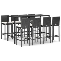 vidaXL 9 Piece Patio Bar Set with Cushions Black Poly Rattan