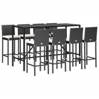 vidaXL 9 Piece Patio Bar Set with Cushions Black Poly Rattan