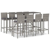 vidaXL 9 Piece Patio Bar Set with Cushions Gray Poly Rattan