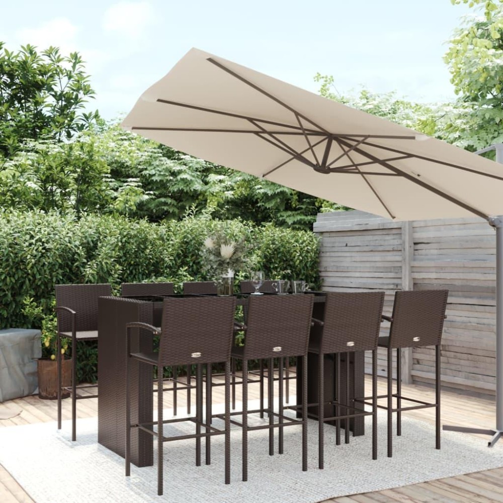 vidaXL 9 Piece Patio Bar Set Brown Poly Rattan