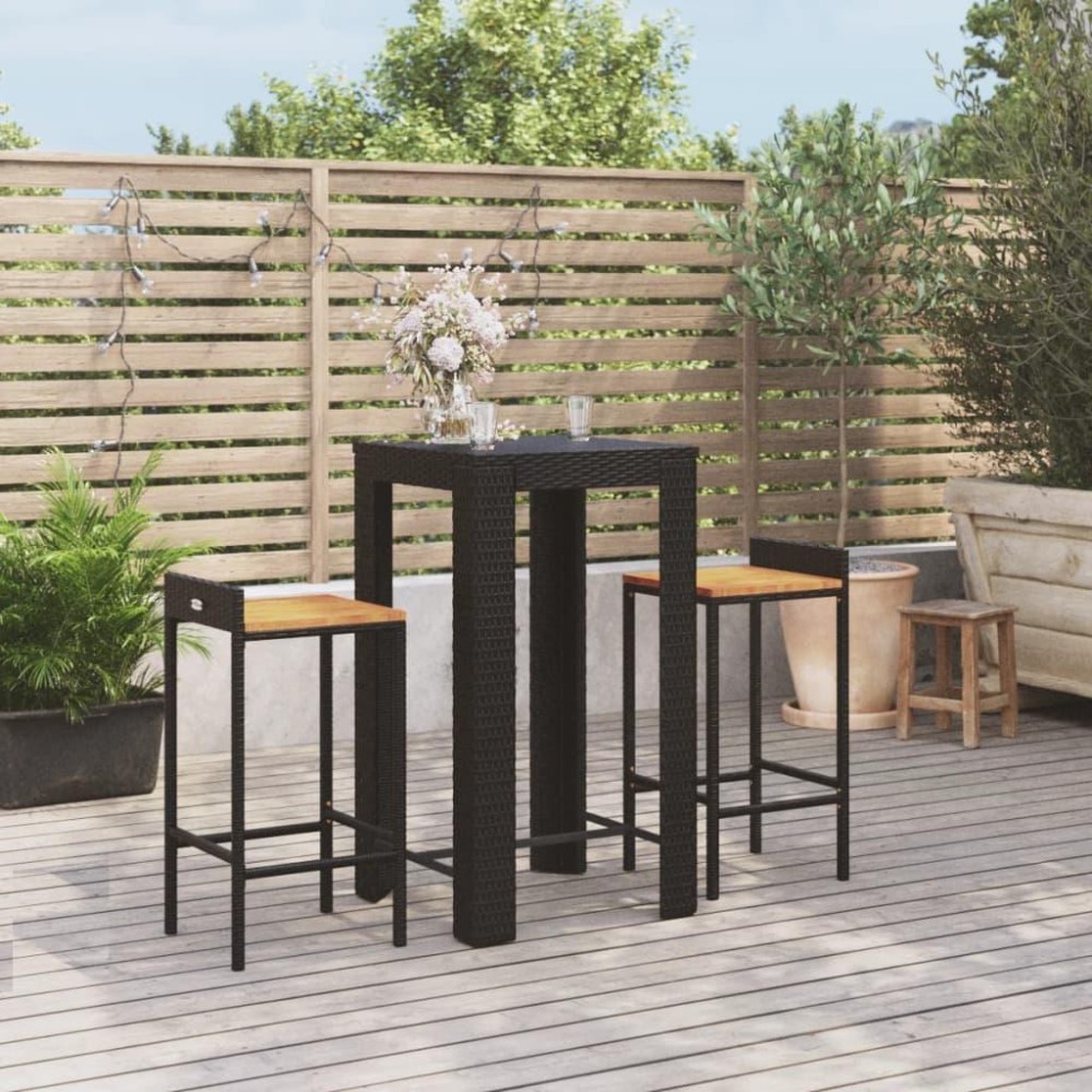 vidaXL 3 Piece Patio Bar Set Black Poly Rattan&Solid Wood Acacia