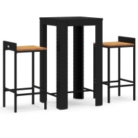 vidaXL 3 Piece Patio Bar Set Black Poly Rattan&Solid Wood Acacia