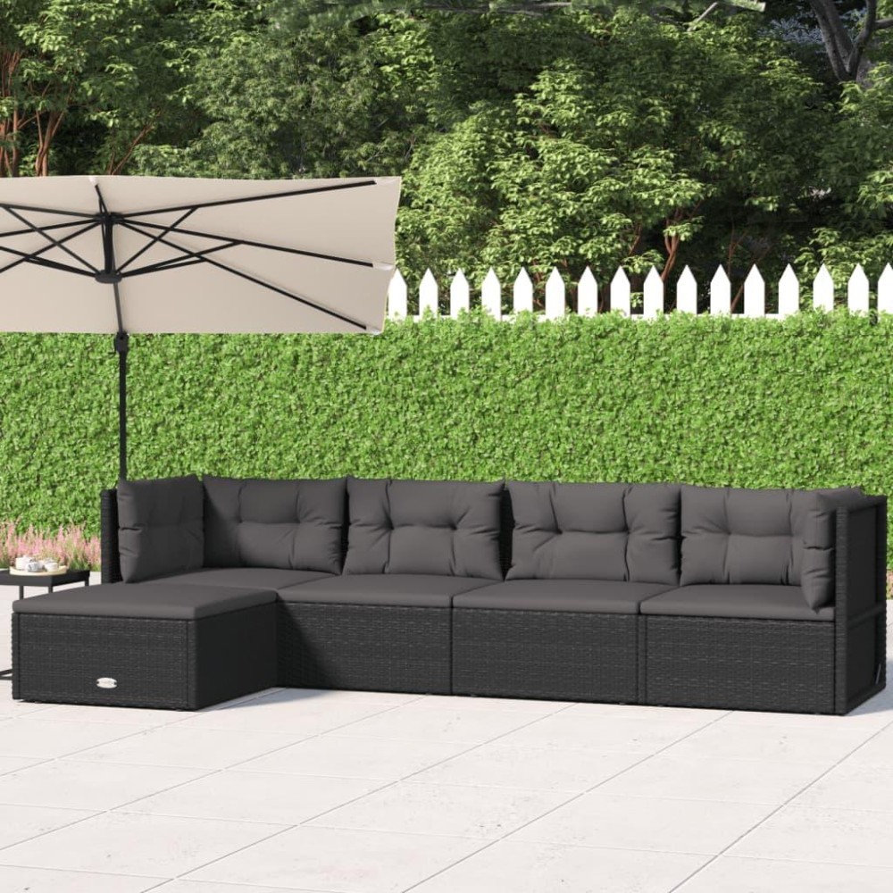 vidaXL 5 Piece Patio Lounge Set with Cushions Black Poly Rattan