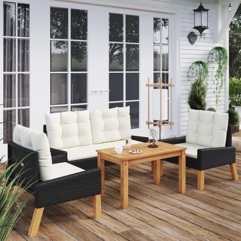 vidaXL 4 Piece Patio Lounge Set with Cushions Poly Rattan and Solid Wood