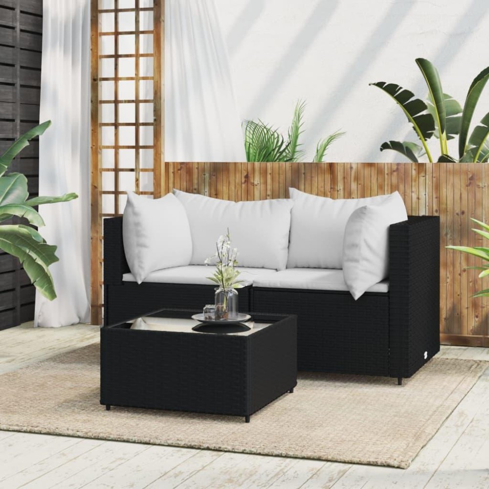 vidaXL 3 Piece Patio Lounge Set with Cushions Black Poly Rattan