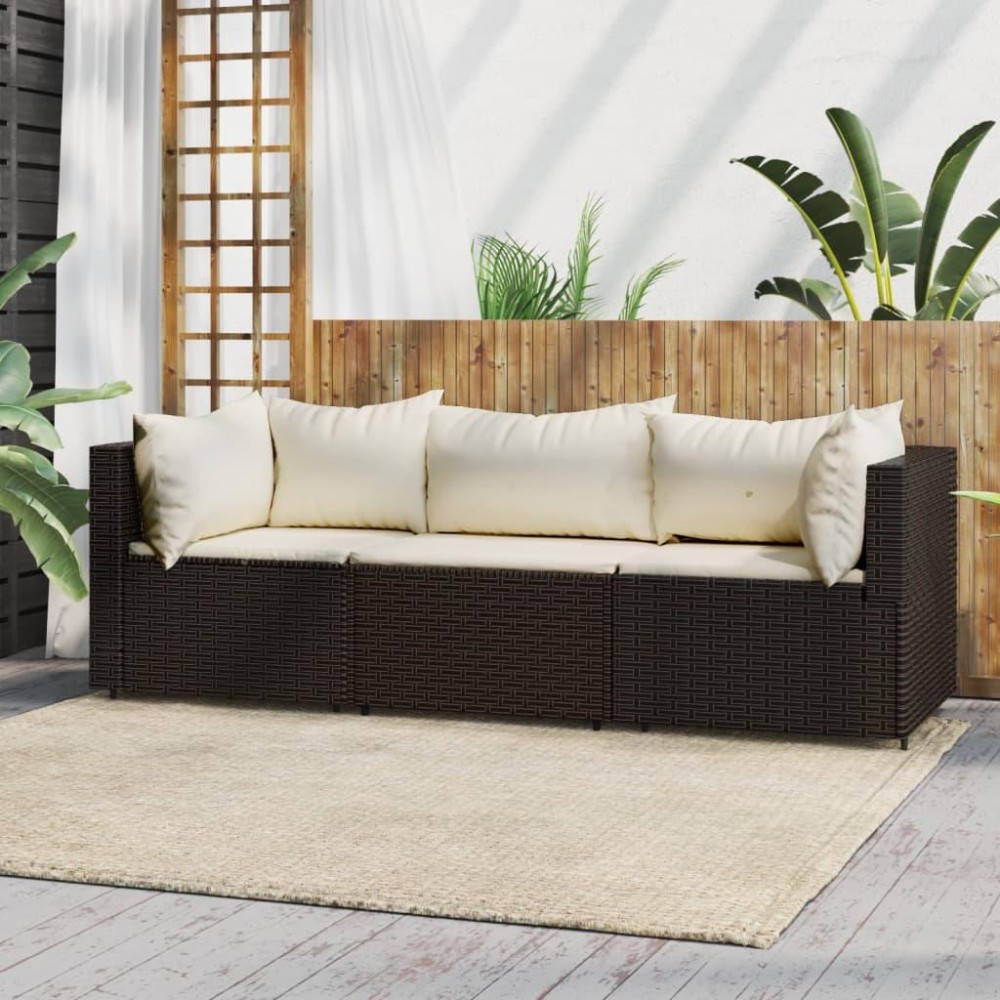 Vidaxl 3 Piece Patio Lounge Set With Cushions Brown Poly Rattan