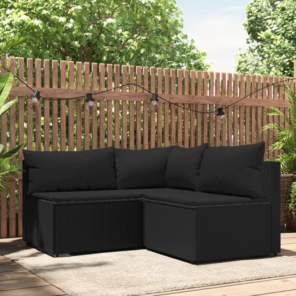 Vidaxl 3 Piece Patio Lounge Set With Cushions Black Poly Rattan