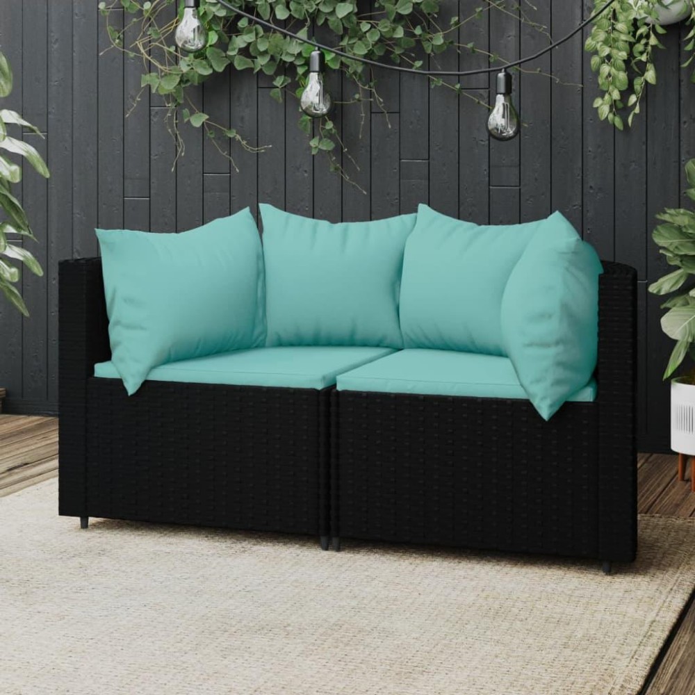 vidaXL Patio Corner Sofas with Cushions 2 pcs Black Poly Rattan