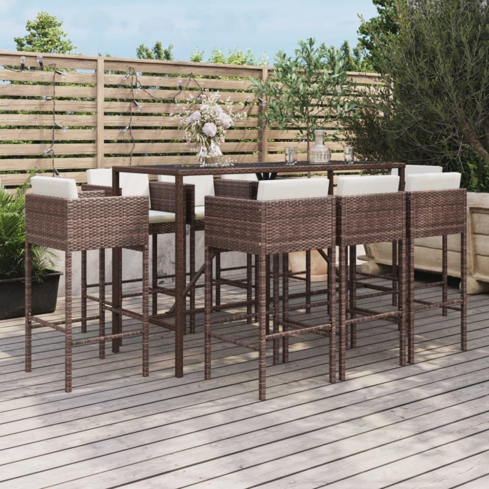 vidaXL 9 Piece Patio Bar Set with Cushions Brown Poly Rattan