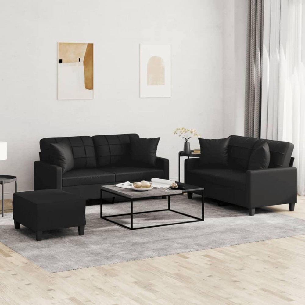 vidaXL 3 Piece Sofa Set with Pillows Black Faux Leather