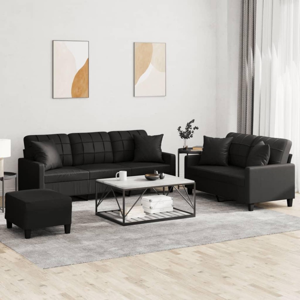 vidaXL 3 Piece Sofa Set with Pillows Black Faux Leather