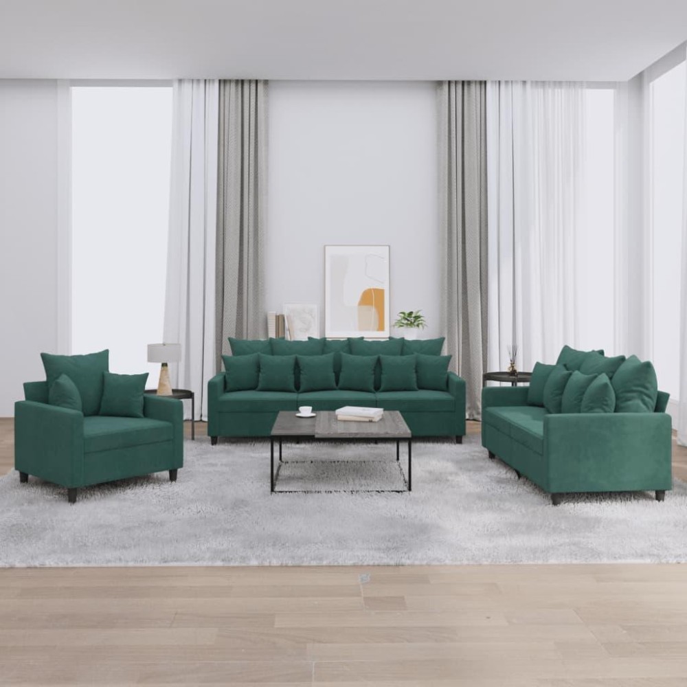 vidaXL 3 Piece Sofa Set with Cushions Dark Green Velvet