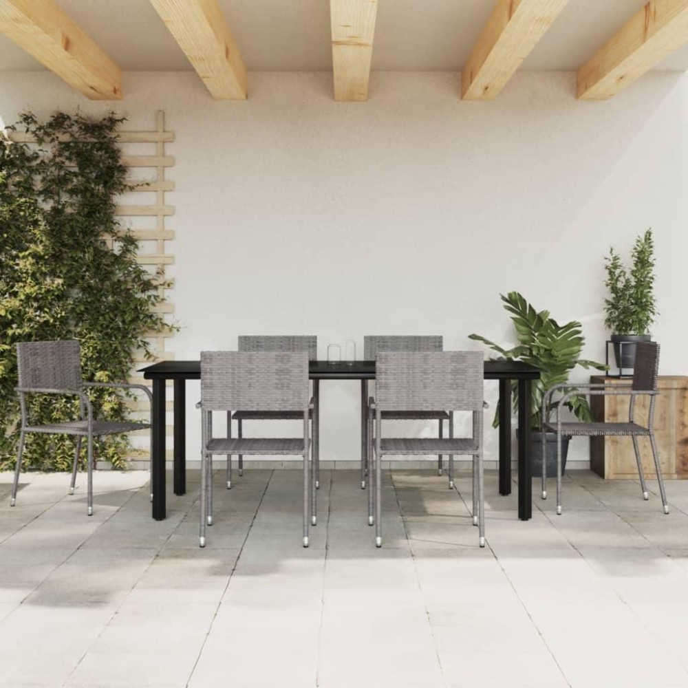 vidaXL 7 Piece Patio Dining Set Gray and Black Poly Rattan and Steel