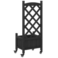 vidaXL Planter with Trellis and Wheels Black Solid Wood Fir