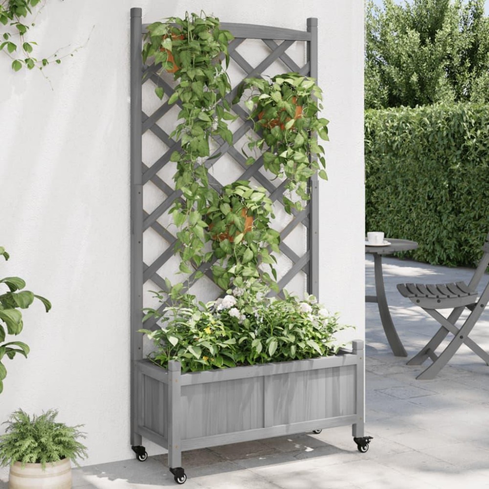 vidaXL Planter with Trellis and Wheels Gray Solid Wood Fir