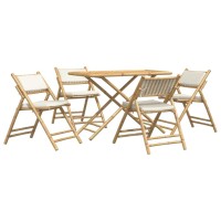 vidaXL 5 Piece Folding Bistro Set with Cream White Cushions Bamboo